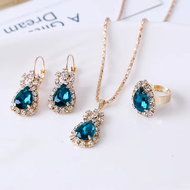 Crystal Ring Necklace Earrings Set Wedding Jewelry Sets For Brides Pendant Earrings For Girls Women African Jewelry Sets-Dollar Bargains Online Shopping Australia