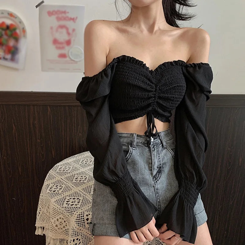 Womens Fashion Square Collar Sexy Sweet Pleated Soild Navel Exposed Chiffon Long Sleeves Shirt Blouses Spring Autumn-Dollar Bargains Online Shopping Australia