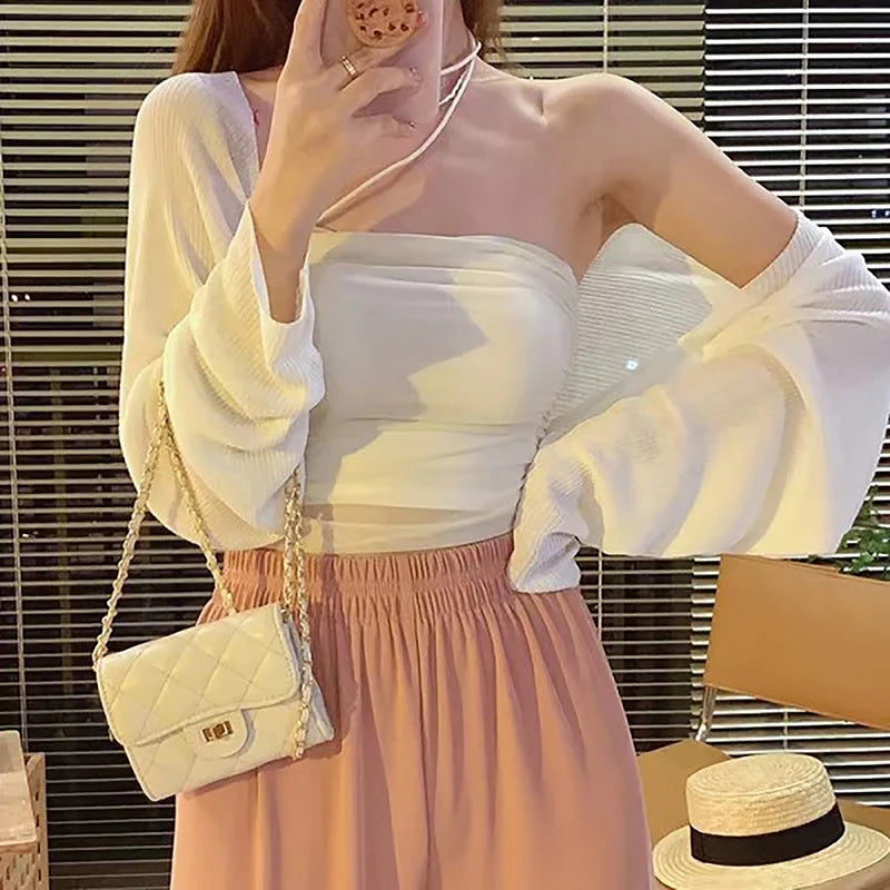 Summer Ice Silk Short Knitted Sunscreen Cardigan Women Solid Color Long Sleeve Thin Smock-Dollar Bargains Online Shopping Australia