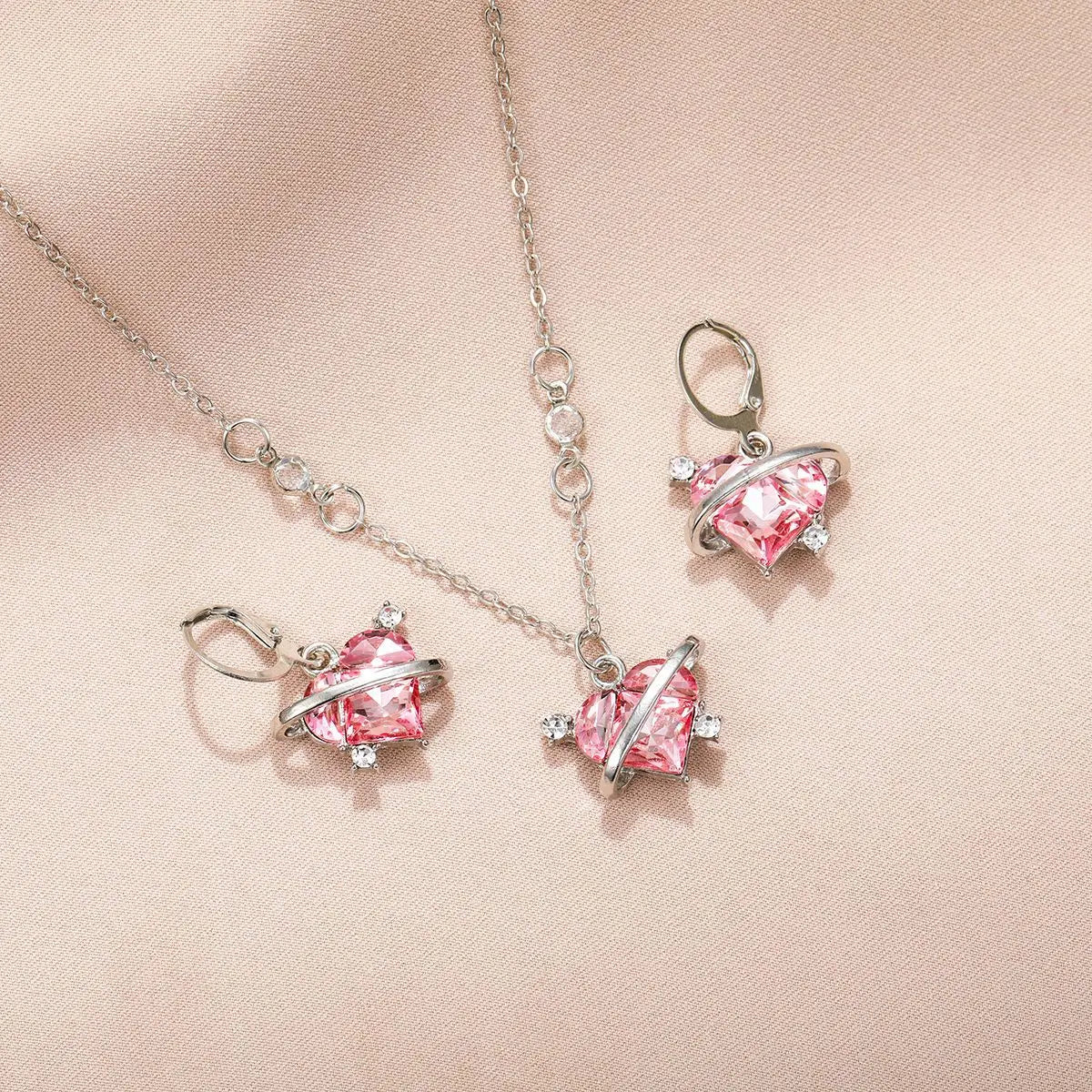 Earrings Necklaces Set for Women Heart-shaped Zircon Pink Crystal Pendant Necklace Women's Jewelry Exquisite Gifts