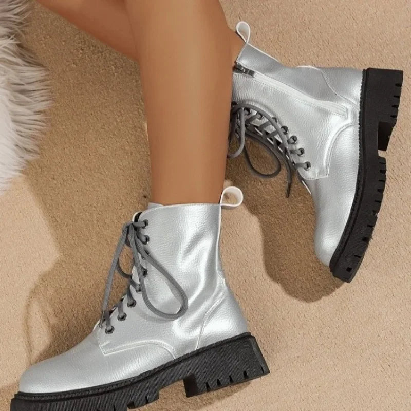 Shoes Women Silver Women's Boots Anti-slip and Wear-resistant Ladies High-top Motorcycle Boots