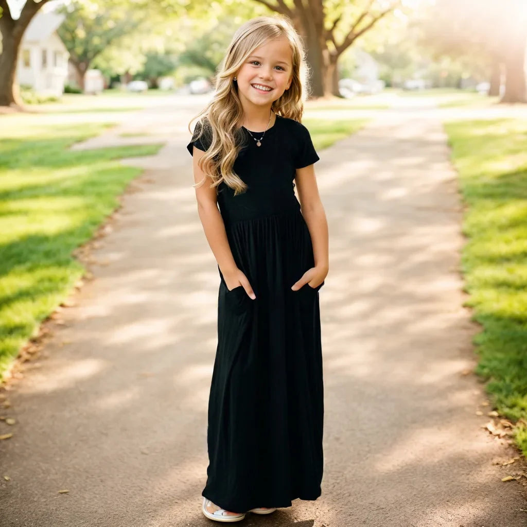 Girls Short Sleeved Long Dress Beach Party Birthday Casual Fashion Show Versatile A-Line Dress-Dollar Bargains Online Shopping Australia