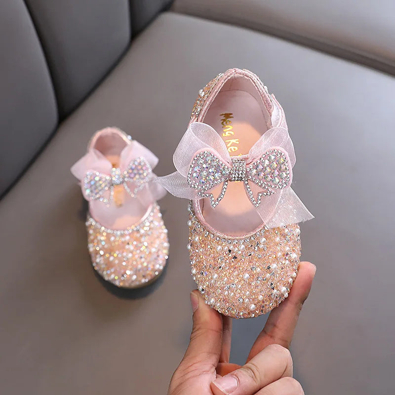 Children's Sequined Leather Shoes Girls Princess Rhinestone Bowknot Single Shoes Kids Wedding Shoes