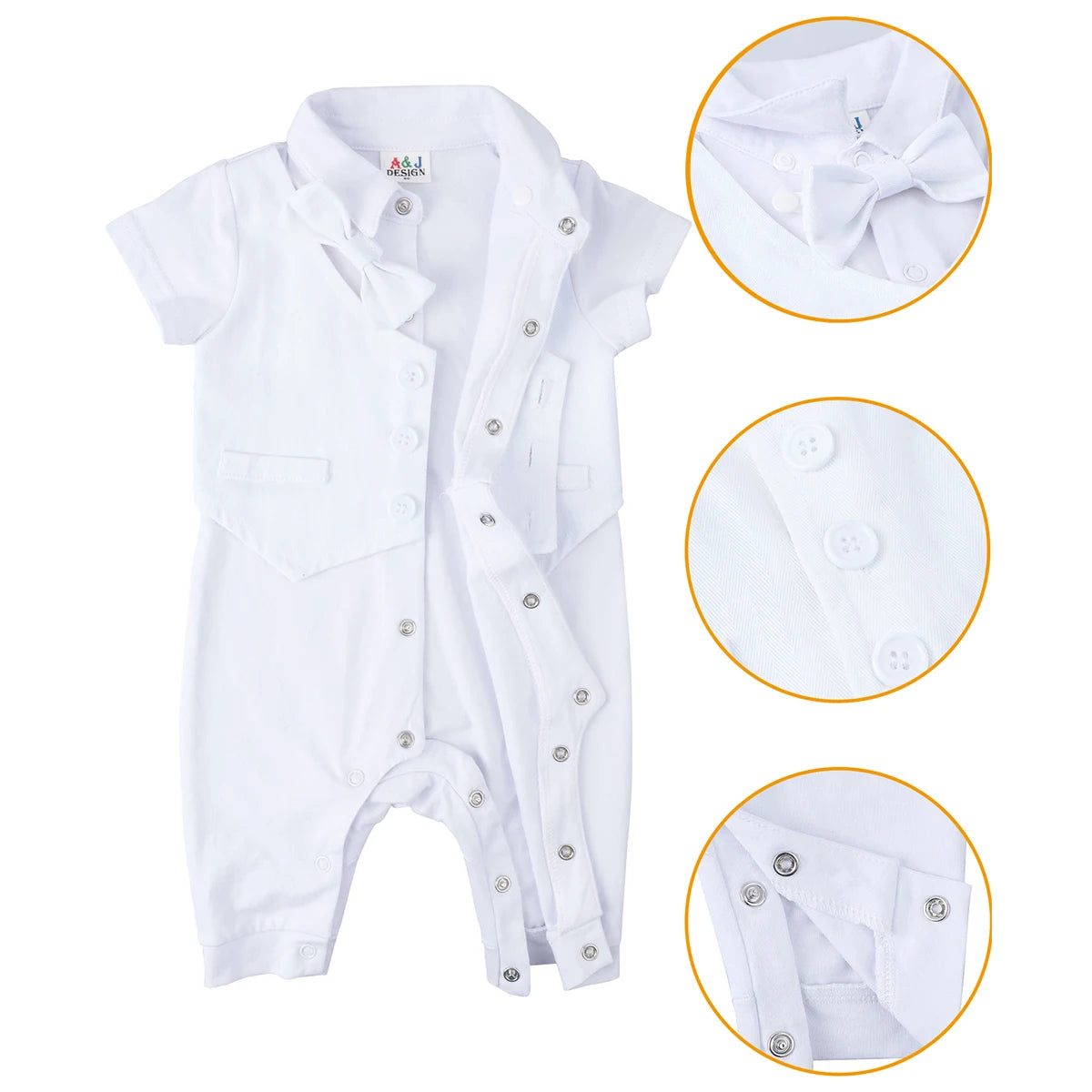 Baby Boys Christening Romper Newborn White One-Pieces Short Sleeve Summer Clothes Baptism Gift with Hat + Shoes + Socks 4PCS