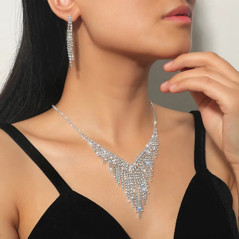 Geometric Rhinestone Necklace Earrings For Women Long Tassel Jewelry Sets Ladies Weddings Banquet Accessory-Dollar Bargains Online Shopping Australia