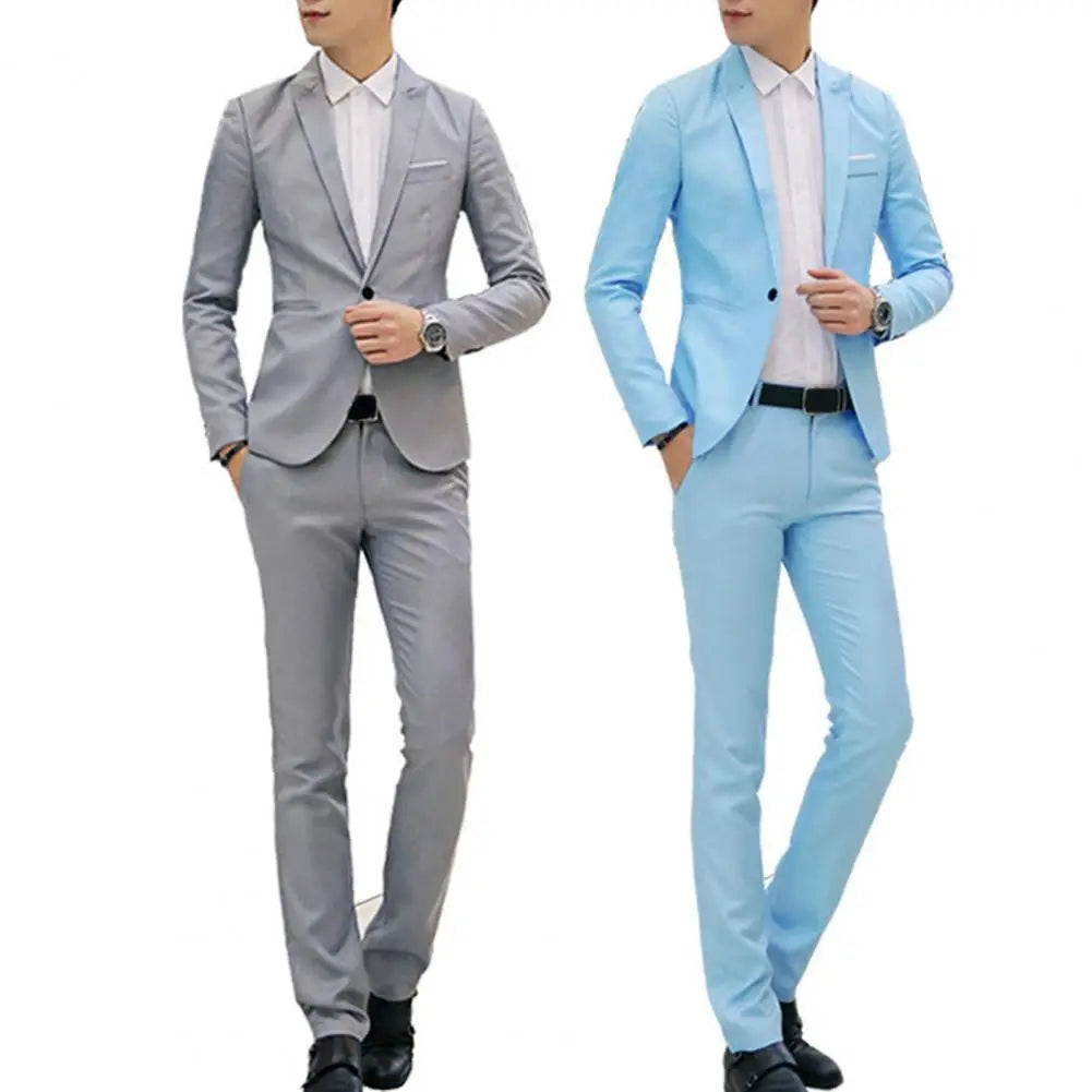 Men Slim Fit Pants Set Men's Slim Fit Business Suit Set with Single Button Long Pants Spring Autumn Solid Color Lapel Design