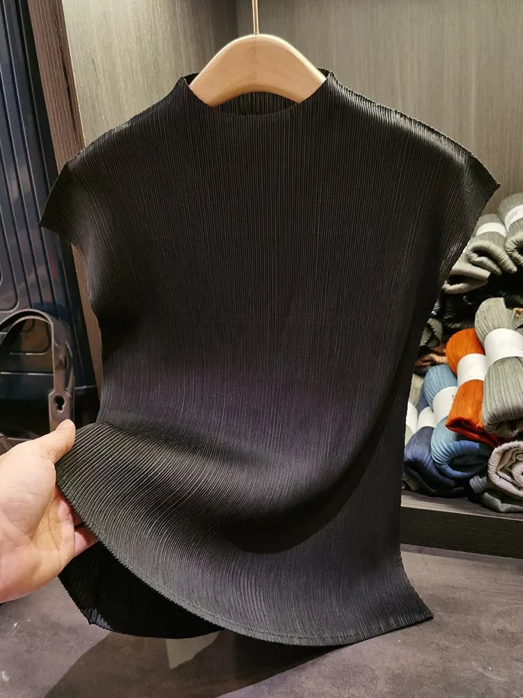 Versatile Classic Simple Solid Color Stand Up Collar Pleated Top Women Slim Slim Short Sleeve Miyake T-shirt Summer-Dollar Bargains Online Shopping Australia