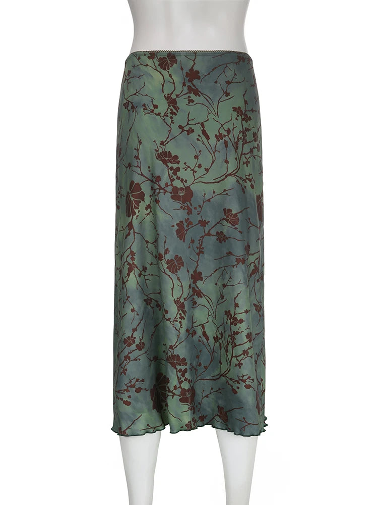 Vintage Long Skirt Green Floral Print Women Y2K High Street Grunge Fashion Elegant Mid-Calf Skirt