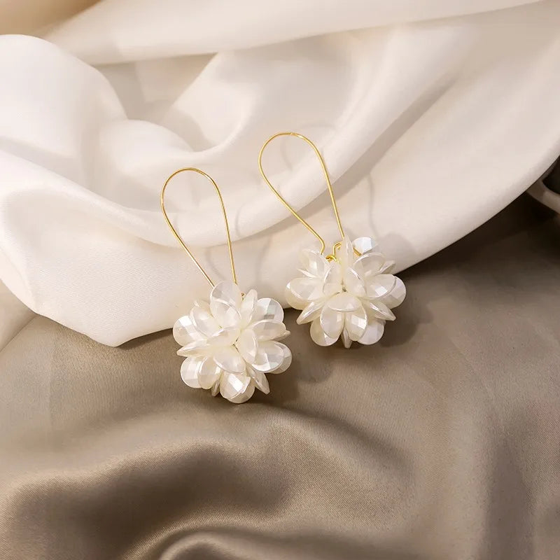 Summer Long Flower Earrings Hand-made Pearl Beaded Korean Fashion Shiny Earrings Sweet Jewelry