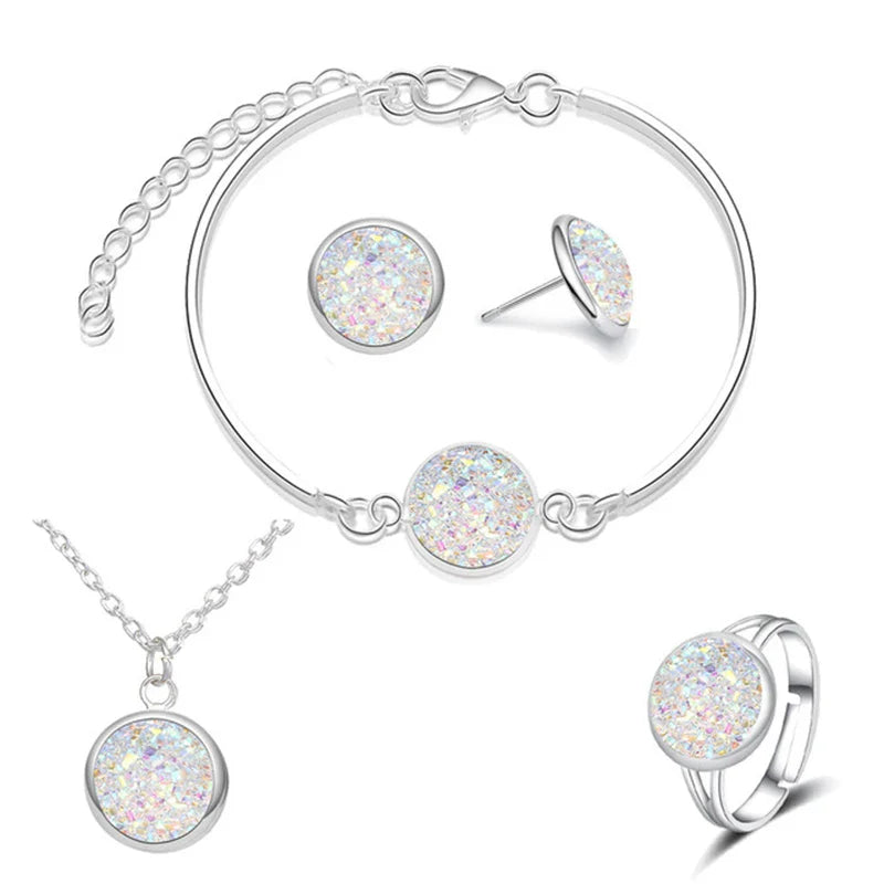 Luxury Quality Quartz Rhinestone Jewelry Sets for Women Simple Round Earrings Necklaces Set Bridal 4 Piece Silver Plated Jewelry-Dollar Bargains Online Shopping Australia