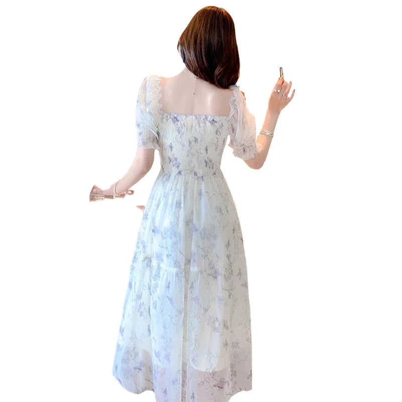 White Chiffon Long Dress Casual Floral Party Dress Elegant Short Sleeve Fairy Dresses Women-Dollar Bargains Online Shopping Australia