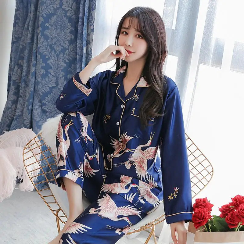 Women Pajamas Set Long Sleeve Tops Trousers Pyjamas 2 Pieces Satin Sleepwear Nightgown Home Clothes-Dollar Bargains Online Shopping Australia