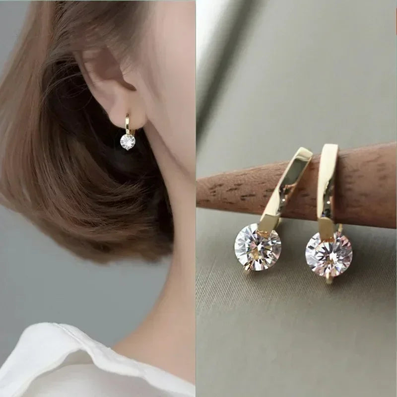 Gold Color Round Zircon Simple Drop Dangle Earrings for Women Charm Korean Hoop Jewelry Wedding Birthday Gift-Dollar Bargains Online Shopping Australia