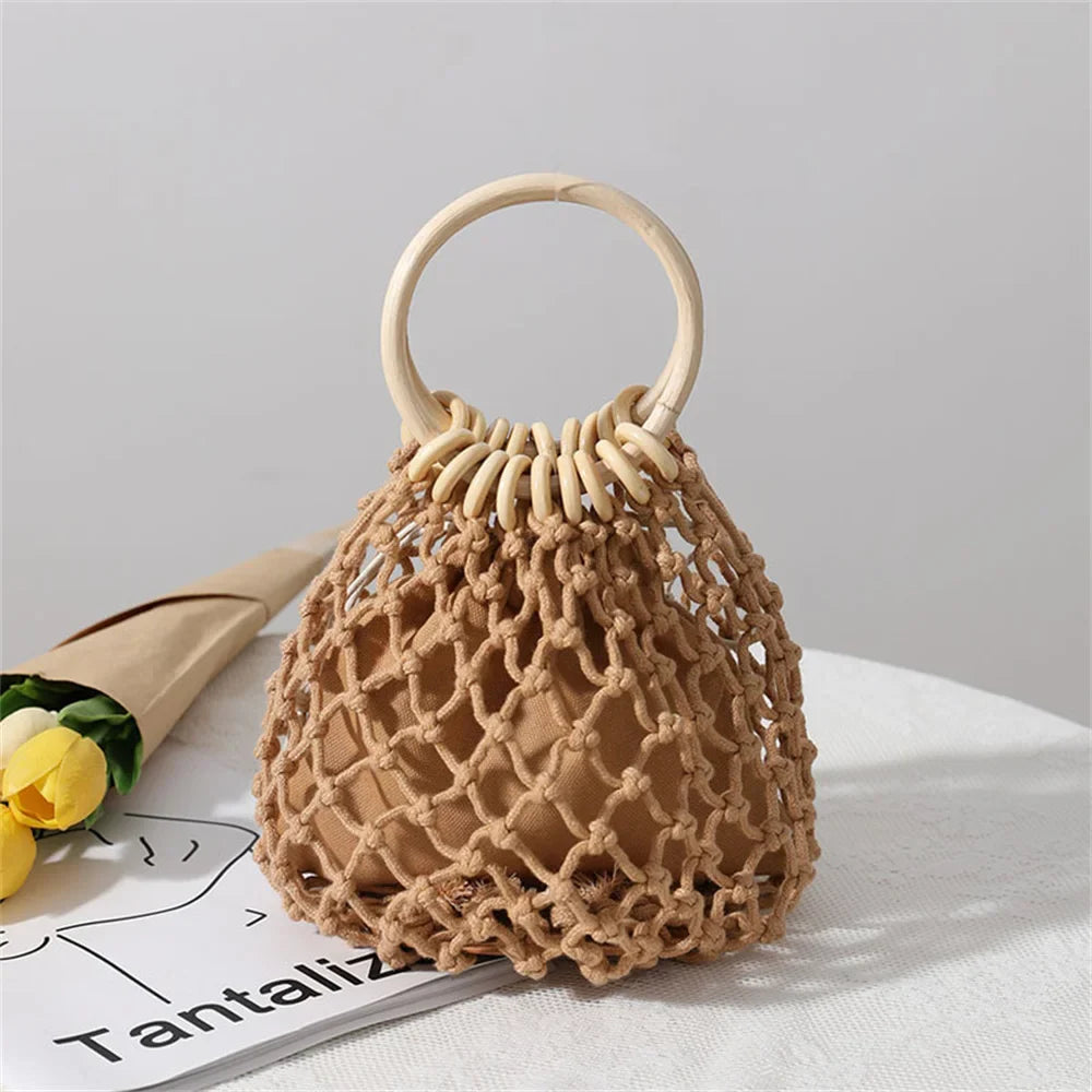 Summer Straw Woven Beach Bag Hollow Fishnet Handbag Women Shoulder Bags Rattan Ladies Purses Fashion Wrist Pack Bucket Tote-Dollar Bargains Online Shopping Australia