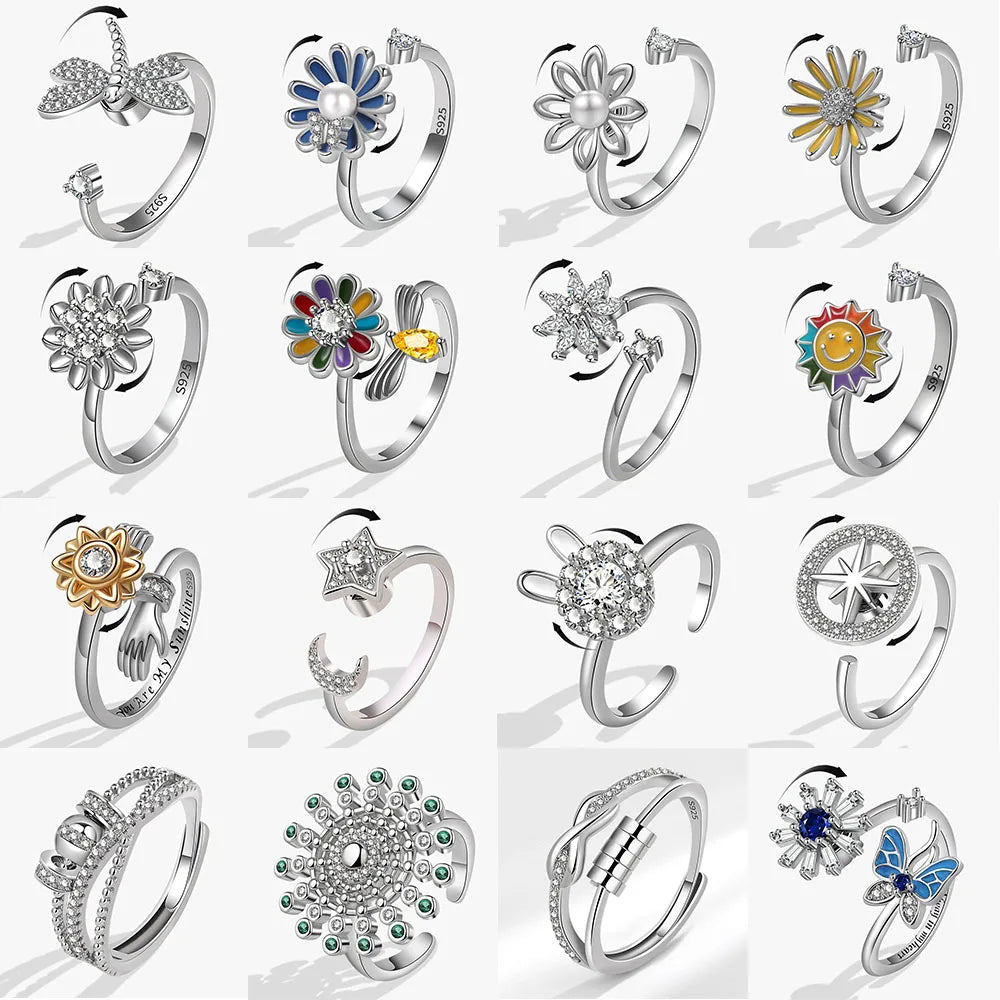 Fashion Butterfly Sunflower Rotating Anti Stress Rings For Women Crystal Anxiety Relief Spinning Ring Fidget Spinner