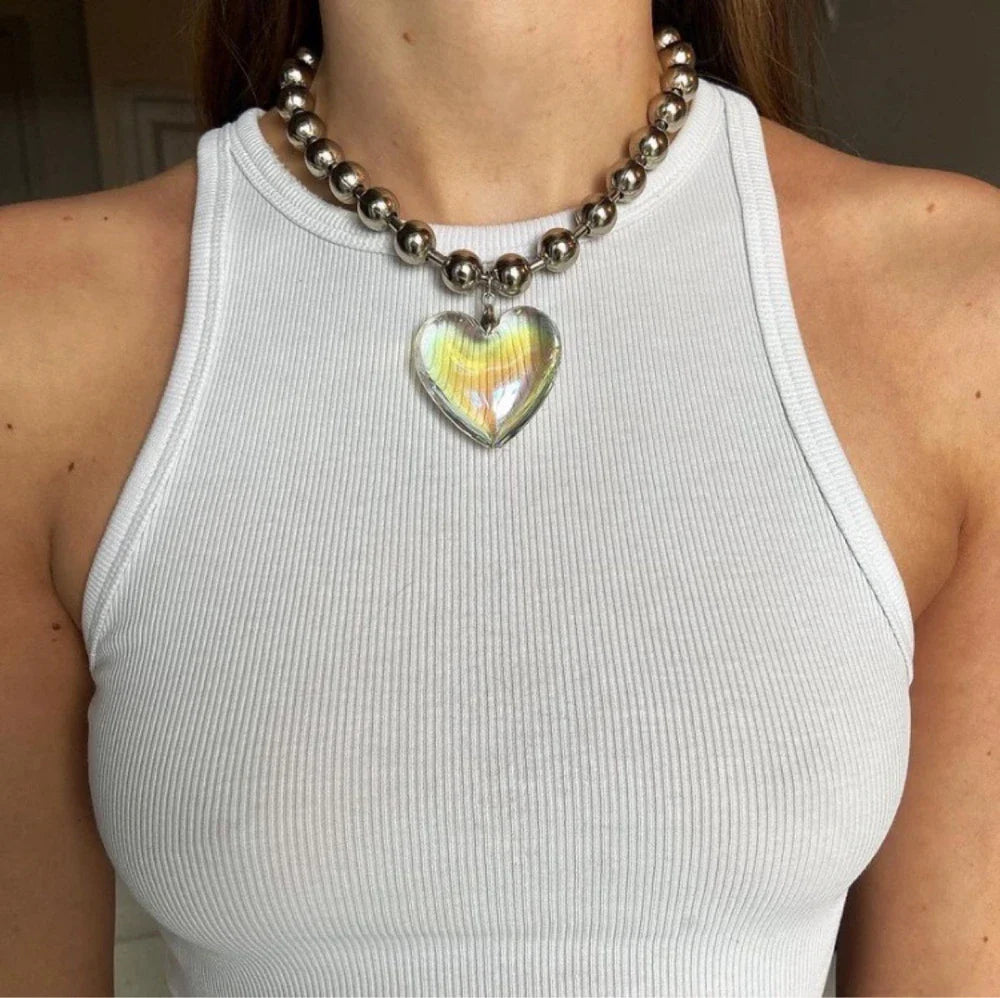 Grunge Fashion Glass Heart Pendant Necklace Y2K Oversize Ball Beads Chain Statement Choker Necklace for Women Club Punk Jewelry-Dollar Bargains Online Shopping Australia