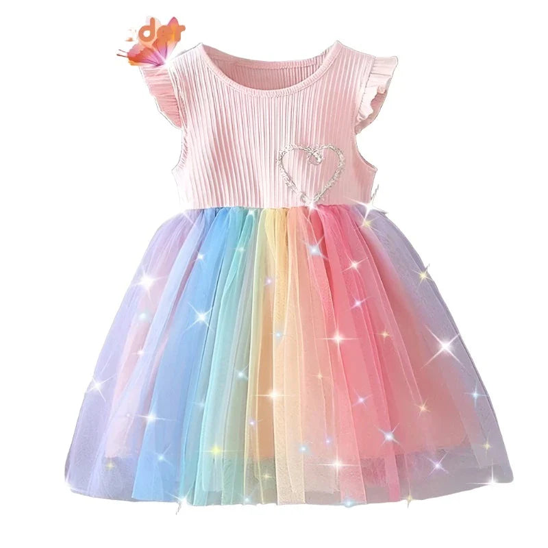 Flying Sleeve Girls Colorful Dress Summer Kids Rainbow Mesh Party Dresses Children Clothing Outfits