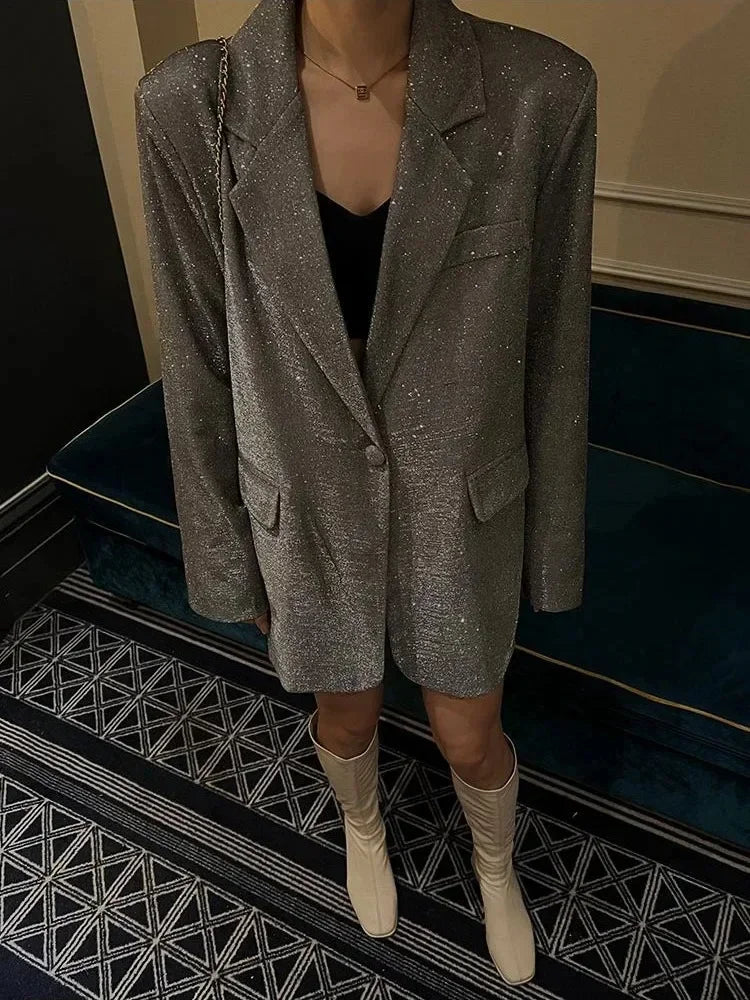Sequin Glitter Lapel Suit Outwear For Women Luxury Long Sleeve Fashion Pocket Elegant Sparkle Coat Women's Suit Outwear-Dollar Bargains Online Shopping Australia