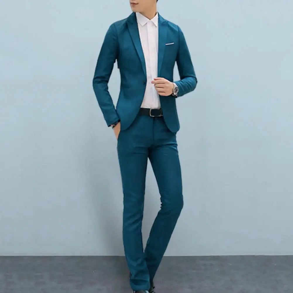 Men Slim Fit Pants Set Men's Slim Fit Business Suit Set with Single Button Long Pants Spring Autumn Solid Color Lapel Design