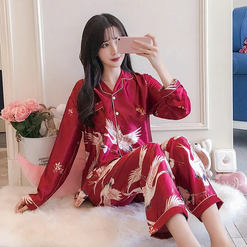 Women Pajamas Set Long Sleeve Tops Trousers Pyjamas 2 Pieces Satin Sleepwear Nightgown Home Clothes-Dollar Bargains Online Shopping Australia
