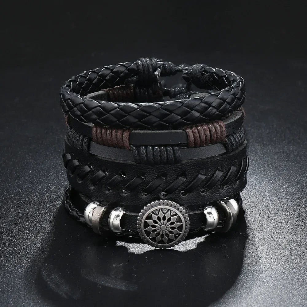 Trendy Compass Man Leather Bracelets set Black Hand Woven Bracelet for Men 4pcs/set DIY Male Jewelry Gift New Pulsera Hombre-Dollar Bargains Online Shopping Australia