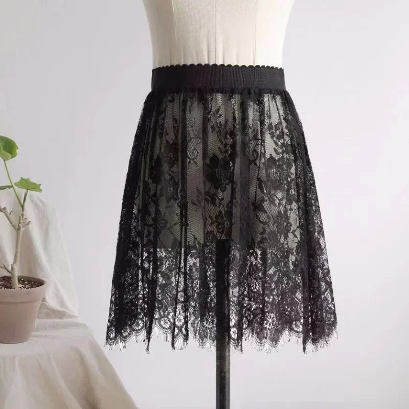 Women Mesh Lace Transparent Long Tulle Skirt Korean Fashion Summer Ladies Elastic High Waist Black White Beach Midi Skirt