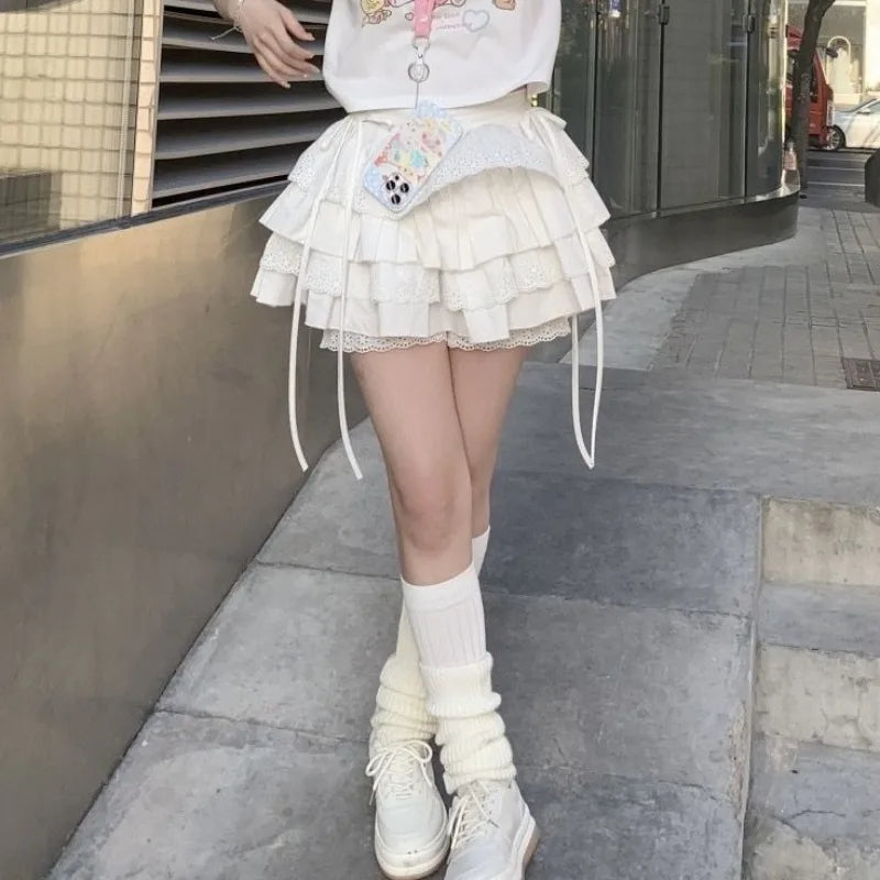 White Mini Skirts Women Lace Patchwork Sweet A-line High Street Bow Korean Fashion Y2k Skirt Harajuku All-match Streetwear Ins