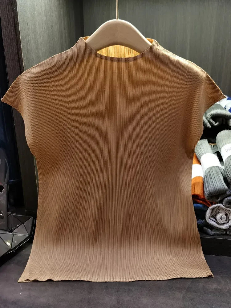 Versatile Classic Simple Solid Color Stand Up Collar Pleated Top Women Slim Slim Short Sleeve Miyake T-shirt Summer-Dollar Bargains Online Shopping Australia