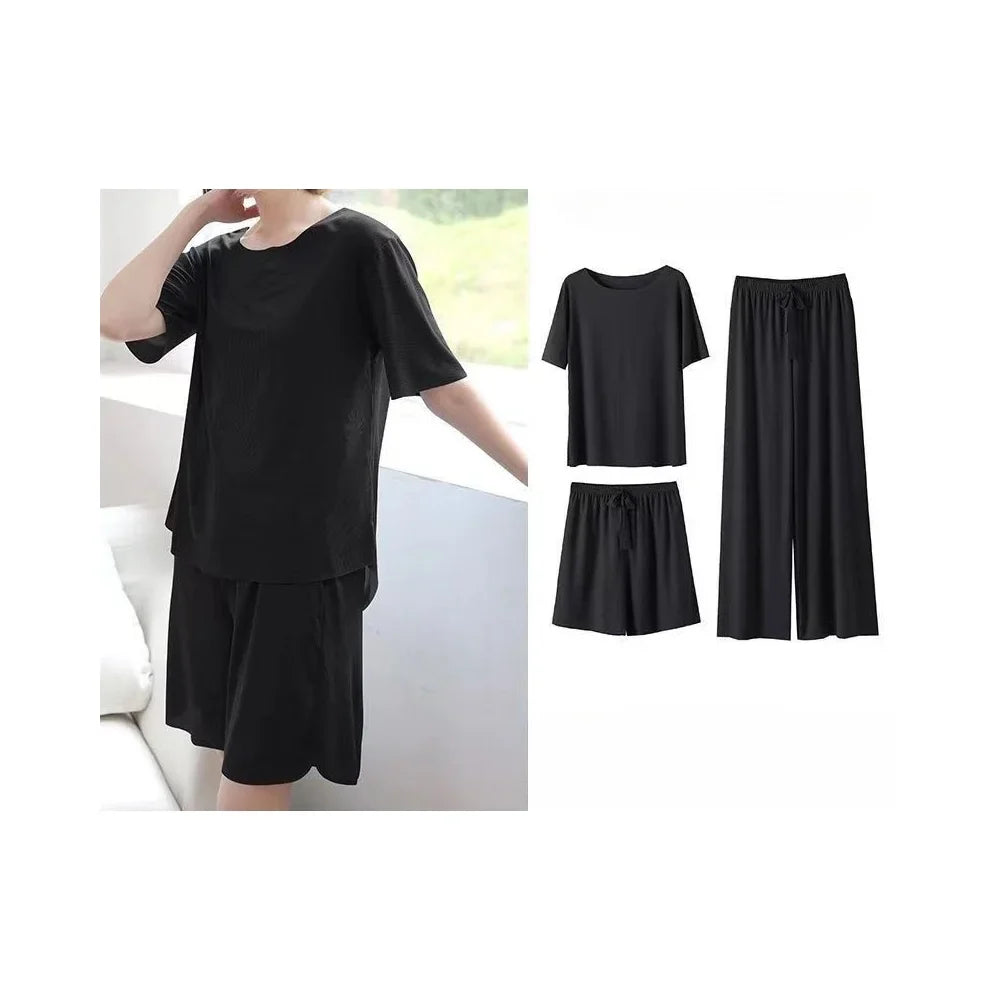 Pyjamas Ice Silk O Neck Thin Top With Elastic Waist Wide Leg Shorts And Long Pants Three Piece Set Sweet Casual Home Wear-Dollar Bargains Online Shopping Australia