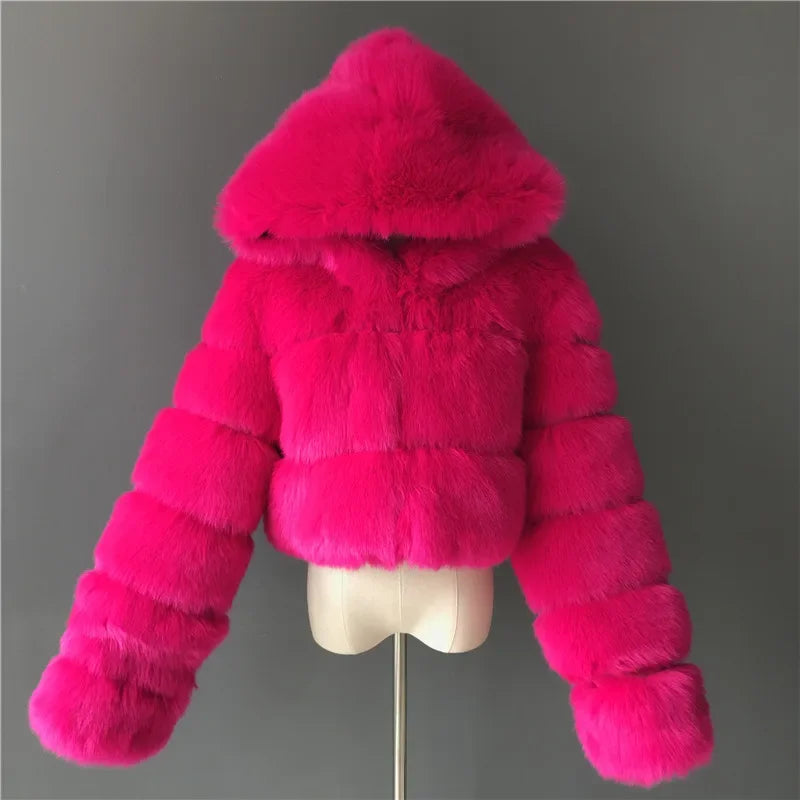 Furry Cropped Faux Fur Coats Jackets Women Fluffy Top Coat Hooded Straight Short Winter Fur Jacket Fashion Streetwear New