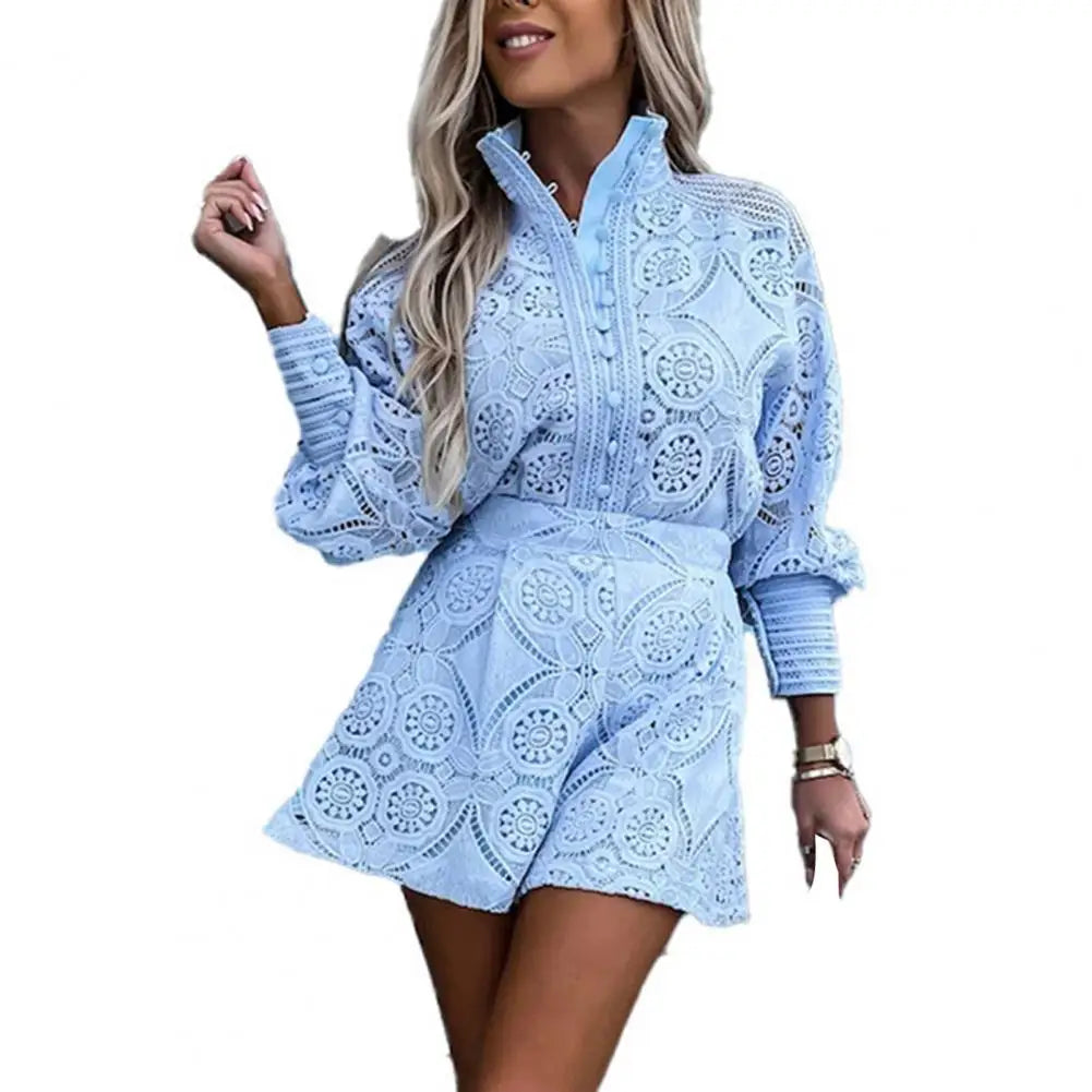 Foridol Vintage Single Breasted White Lace Women Shorts Sets Spring Long Sleeve Casual Party 2 Pcs Outfits Femme Suit Summer-Dollar Bargains Online Shopping Australia