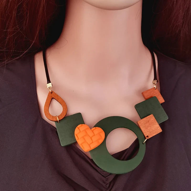 Geometric Wooden Pendant Ethnic Statement Bib Necklace for Women Handmade Maxi Necklaces Vintage Jewelry-Dollar Bargains Online Shopping Australia