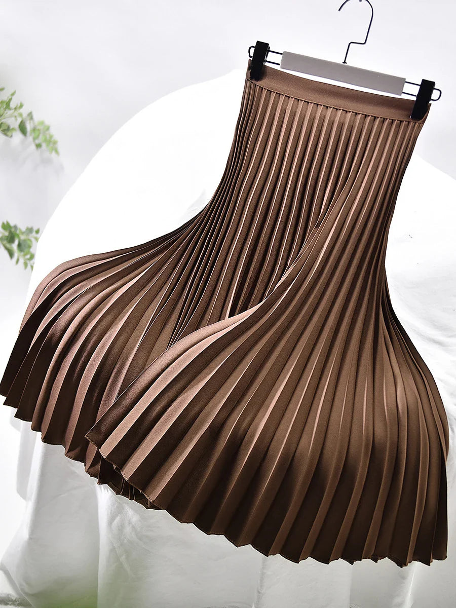 Women Spring Autumn Elegant Chic Solid Pleated Skirt High Waist Luxury Fashion With Elastic Female-Dollar Bargains Online Shopping Australia