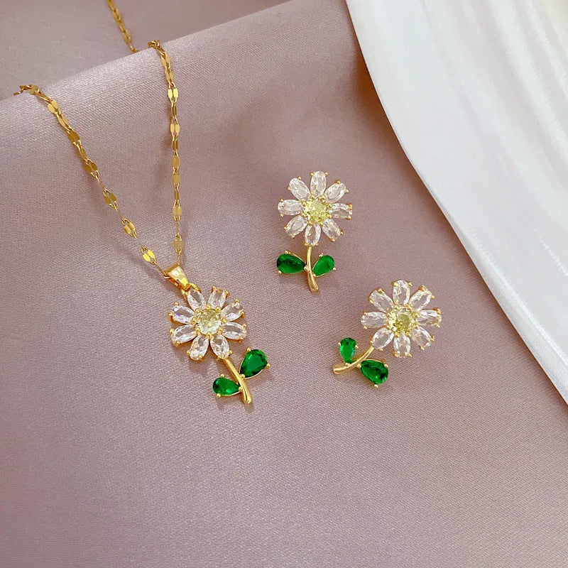 Fashionable Charming White Green Leaf Sunflower Necklace and Earrings Set Classic Retro Stainless Steel Party Wedding Jewelry-Dollar Bargains Online Shopping Australia
