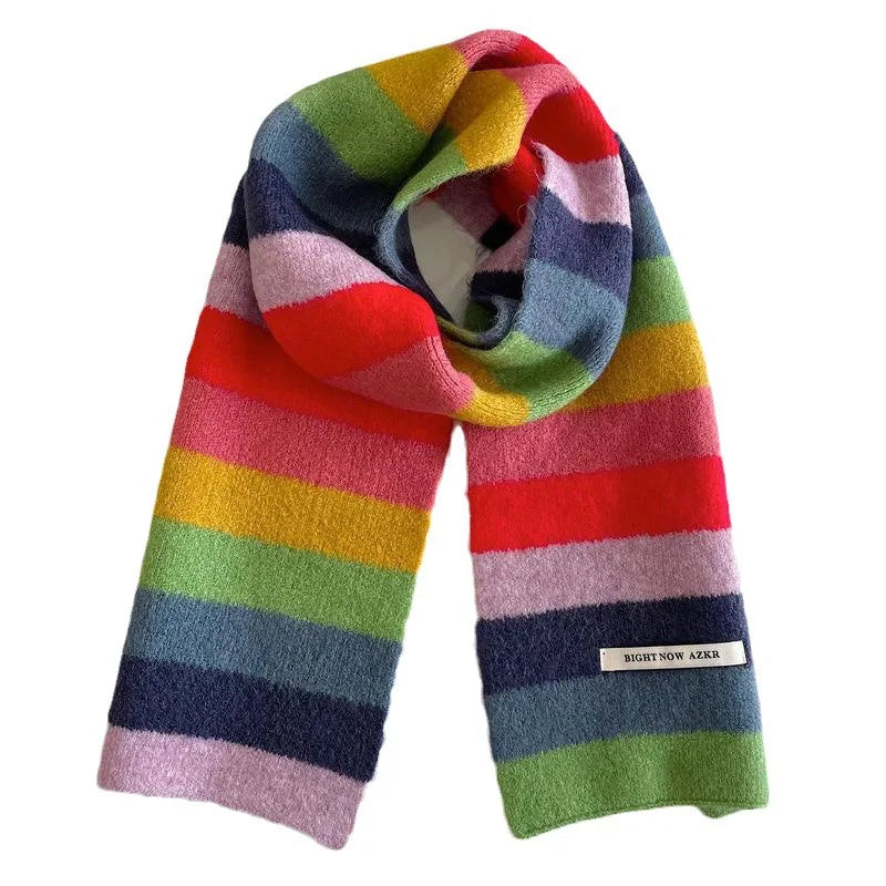 Rainbow Stripes Mohair Scarf Men And Women In Winter Colour Blocking Stripes Wool Short Scarf Students Warm Short Scarf