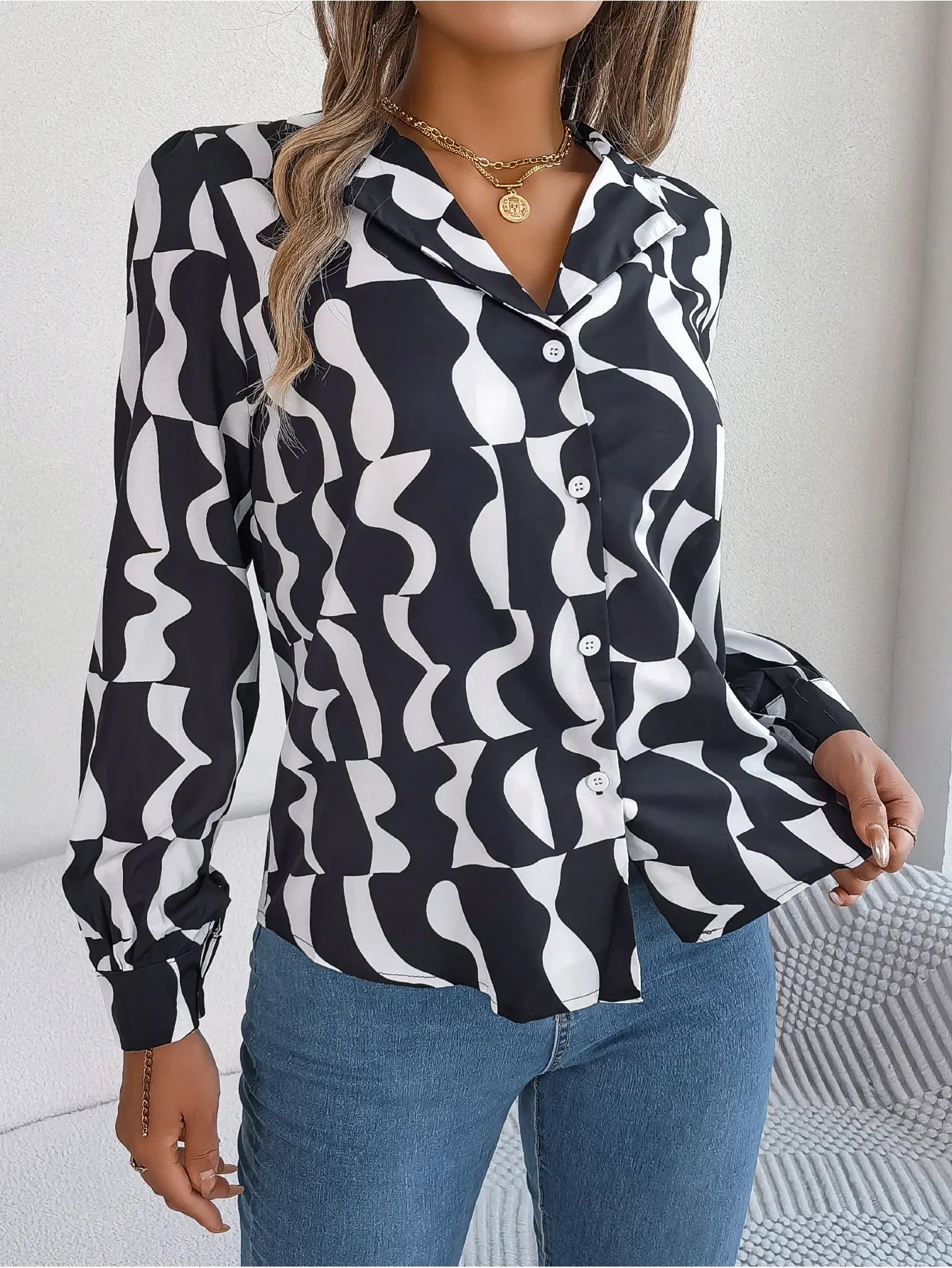 Office Lady Shirts Contrast Stripe Notched Collar Long Sleeve Tops Women Single Breasted Elegant Shirt-Dollar Bargains Online Shopping Australia