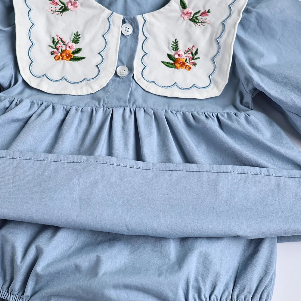 Solid Pleated Baby Bodysuit Toddler Girls Princess Clothes embroidery Big Collar Infant Clothing-Dollar Bargains Online Shopping Australia