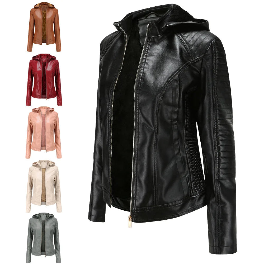 Women's Fleece Hooded Long Sleeve Leather Jacket