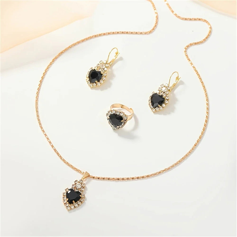 Luxurious Design Heart Shape Red Crystal Necklace Ring Earrings Jewelry Set Elegant Bridal Wedding Accessories Anniversary Gifts-Dollar Bargains Online Shopping Australia