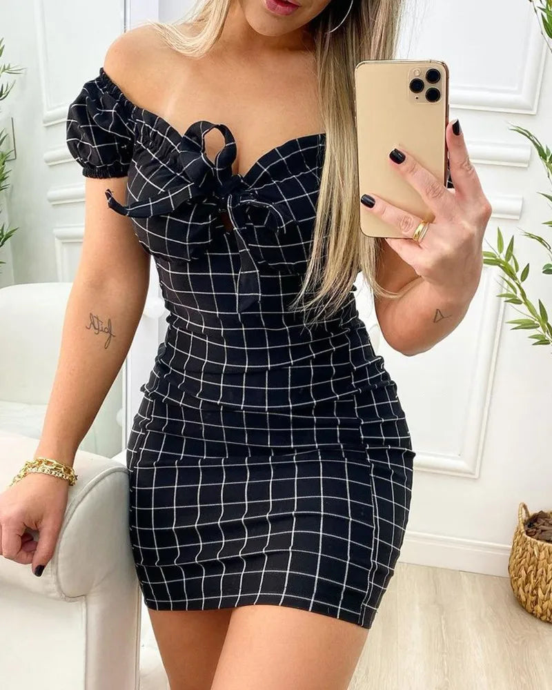 Summer dress sexy package buttocks short skirt of cross border grid print dress-Dollar Bargains Online Shopping Australia