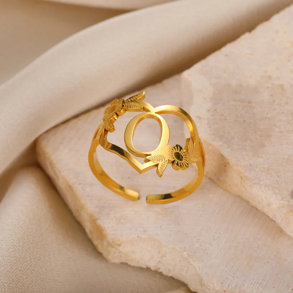 Stainless Steel Initials Flower Heart Rings Gold Color Adjustable Delicate Letter Leaf Rings For Women Girl Alphabet Jewelry-Dollar Bargains Online Shopping Australia