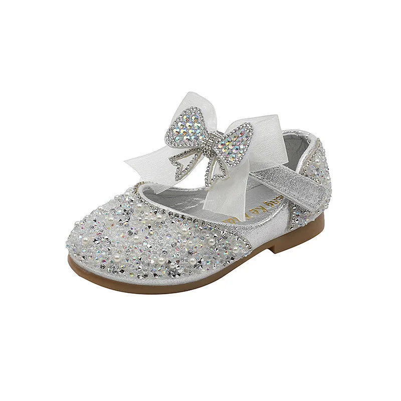 Children's Sequined Leather Shoes Girls Princess Rhinestone Bowknot Single Shoes Kids Wedding Shoes