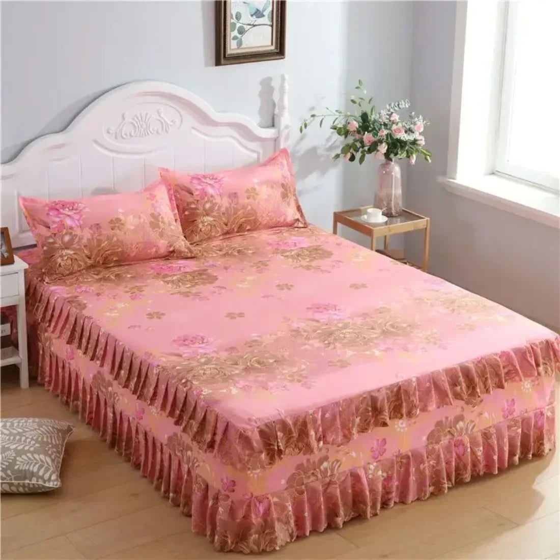 3PCS/Set Bed Sheet Set Flower Bedspread Non-Slip Bed Dress Sheet for King/Queen