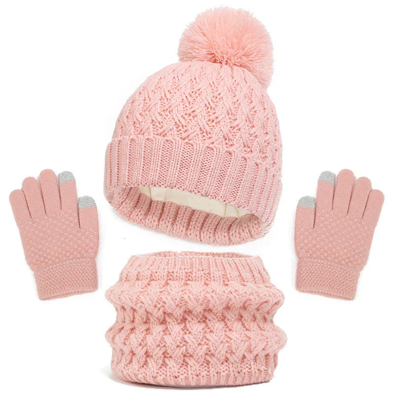 Toddlers Winter Warm Suits Knitted Hat Scarf and Gloves Set Solid Thermal Suit Boys Girls Caps Set Christmas Gift Winter Outfits-Dollar Bargains Online Shopping Australia