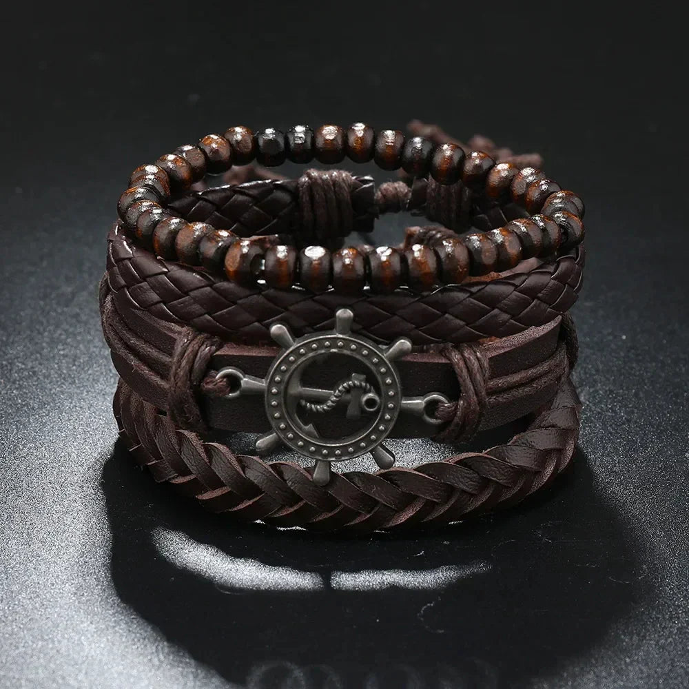 Trendy Compass Man Leather Bracelets set Black Hand Woven Bracelet for Men 4pcs/set DIY Male Jewelry Gift New Pulsera Hombre-Dollar Bargains Online Shopping Australia