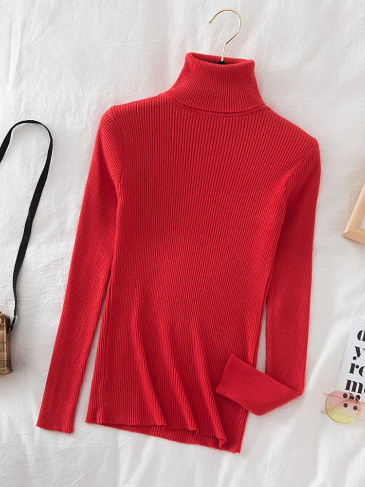 Korean Fashion Turtleneck Women Autumn Winter Pullover Sweater Basic Solid Casual Slim Stretch Ribbed Knitted Top Woman Sweaters-Dollar Bargains Online Shopping Australia