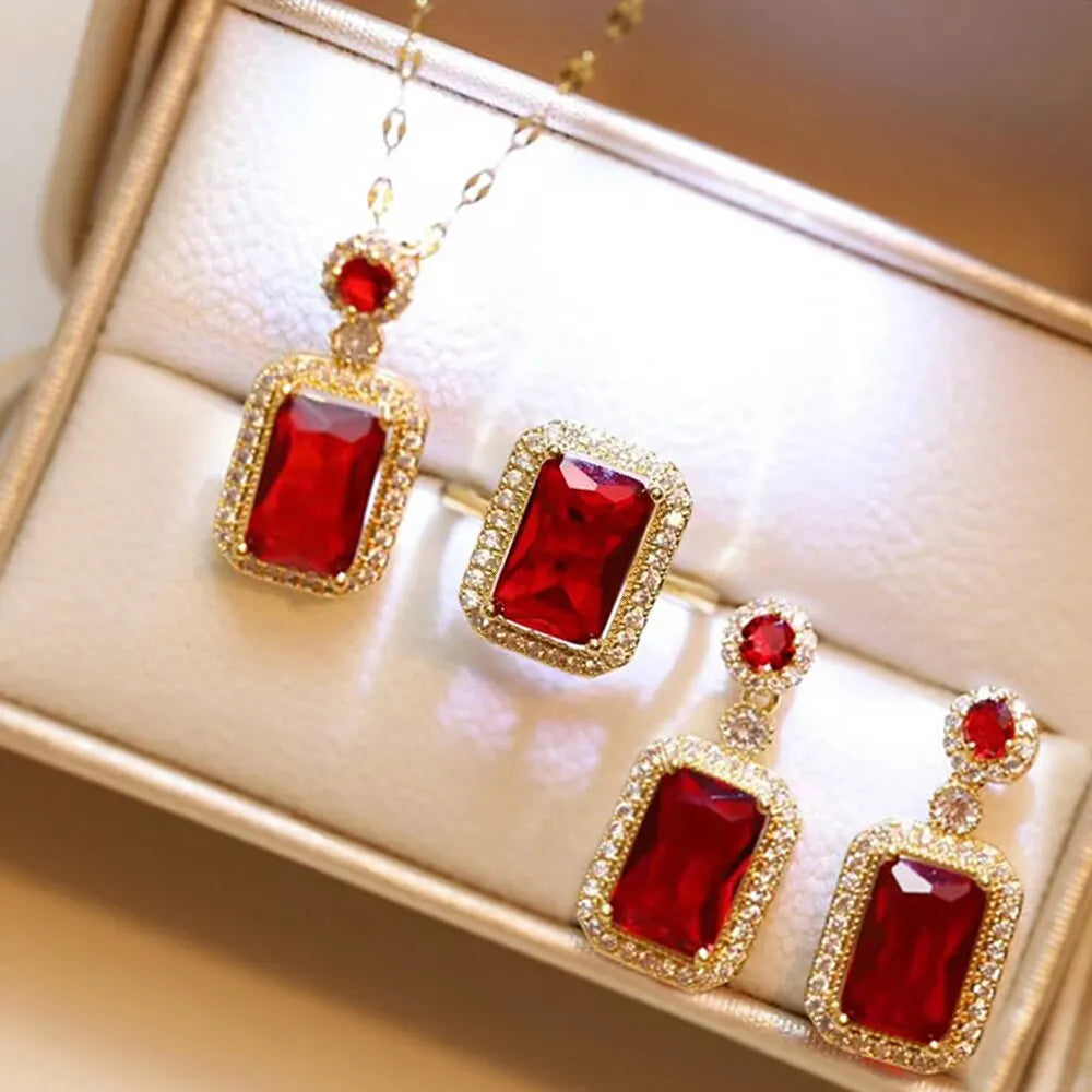 4PCS Sets Exquisite Quadrate Rhinestone Necklace Earrings Ring Jewelry Set Charm Ladies Jewelry Fashion Bridal Gifts-Dollar Bargains Online Shopping Australia