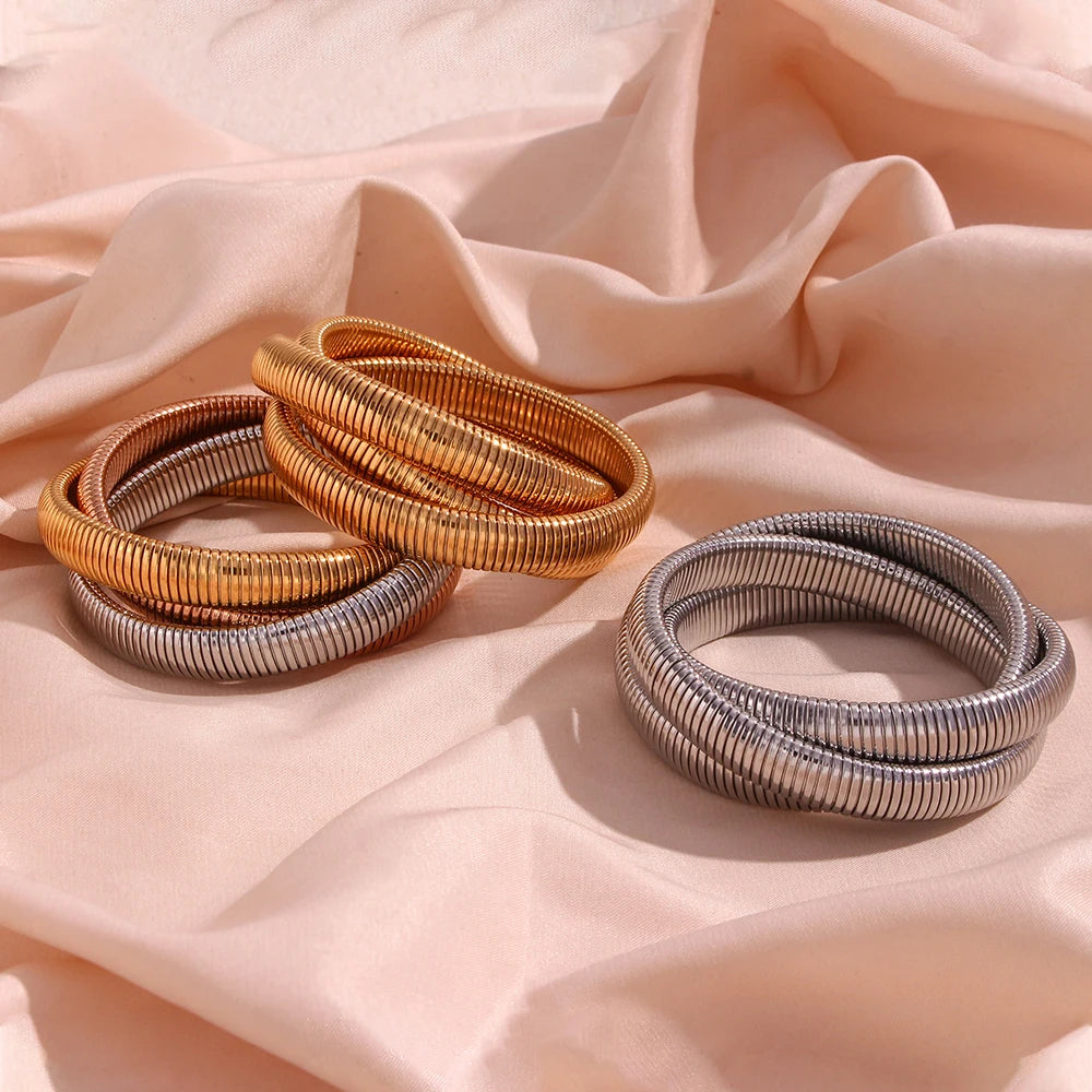 Stainless Steel PVD Gold Plated Mixed Popular 3 Layers Wrapped Bracelets Bangles For Women Elastic Chain Bangle