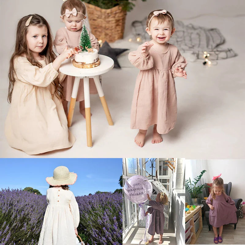 Children's Organic Cotton Double Gauze Loose Pockets Baby Girls Dress Fashion Princess Casual Kids Dresses-Dollar Bargains Online Shopping Australia