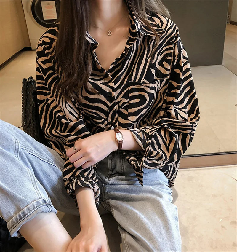 Vintage Womens Oversize Shirt Long Sleeve Loose Zebra Print Blouses Casual Streetwear Tops